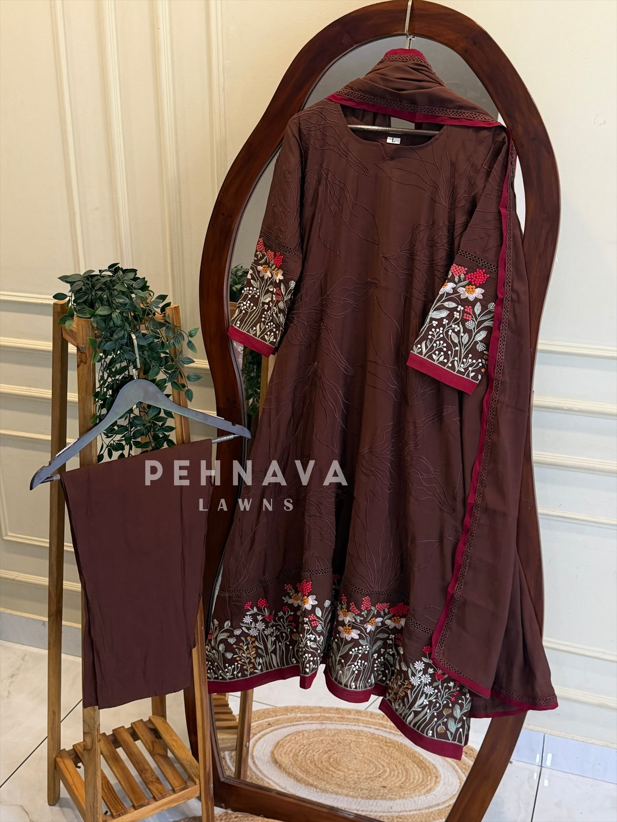 Brown Floral Embroidered Suit Set