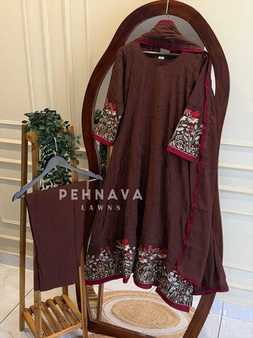 Brown Floral Embroidered Suit Set