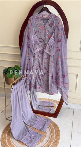 Floral Print Cotton Suit with Lace