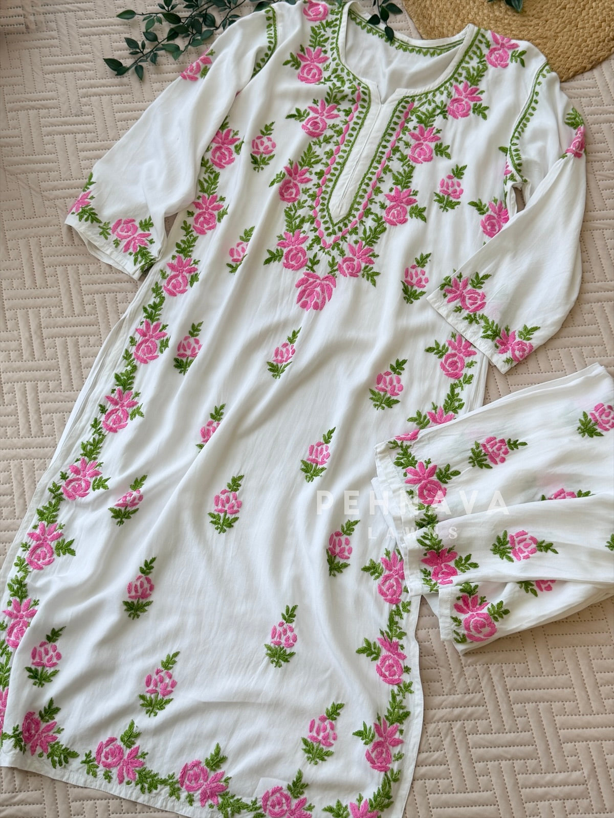 White & Pink Chikankari Rayon Kurta Set