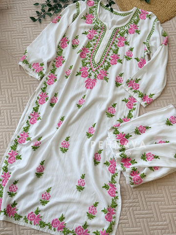 White & Pink Chikankari Rayon Kurta Set