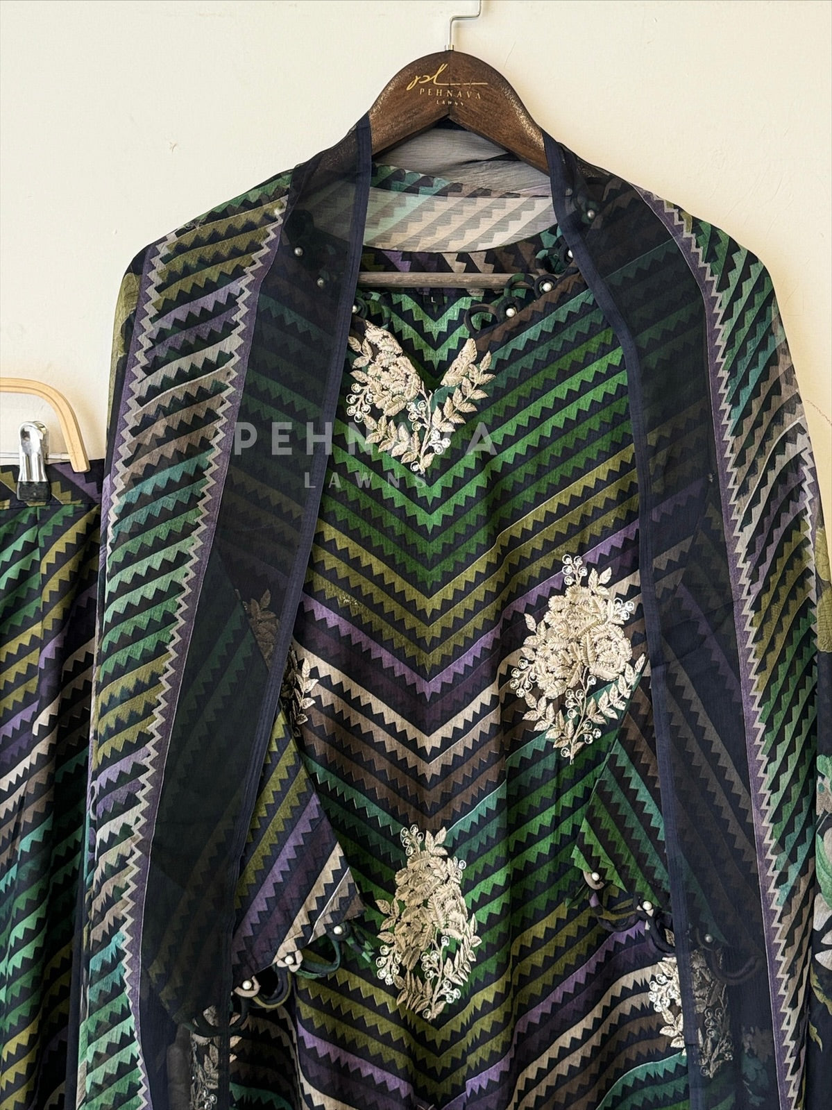 Chevron Lawn Suit with Printed Dupatta-Chiffon 1416 - Pehnava Lawns