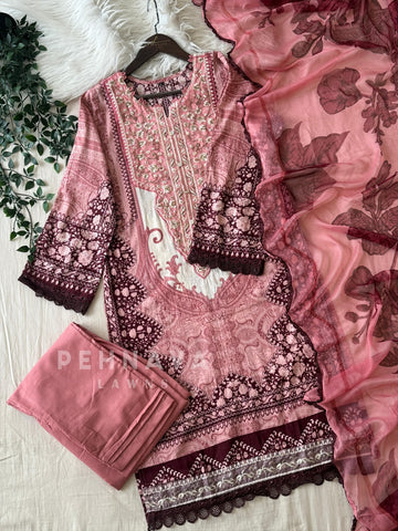 Pink Neckline Embroidered Pak-Suit