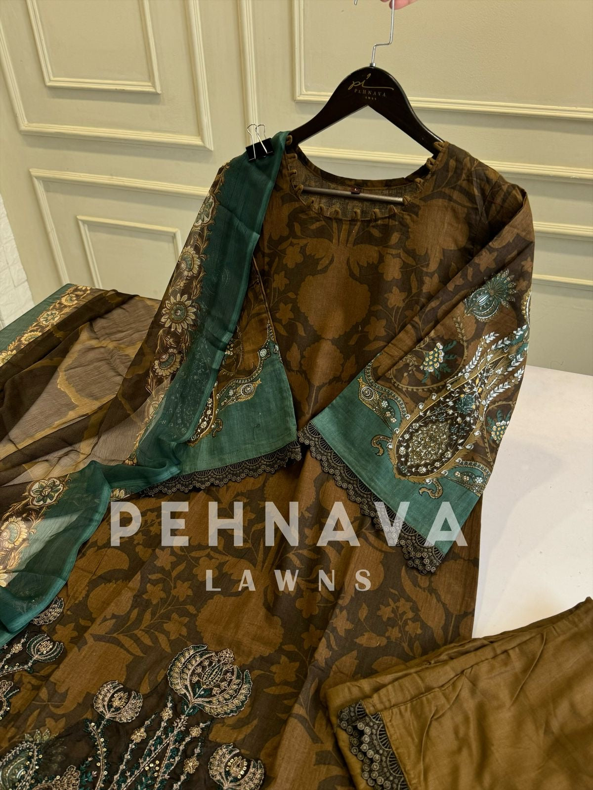 Embroidered Lawn Suit with Printed Dupatta-Chiffon/Cotton-5