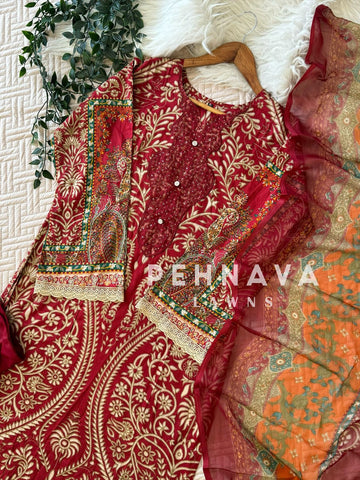 Red Floral Printed Suit-1282