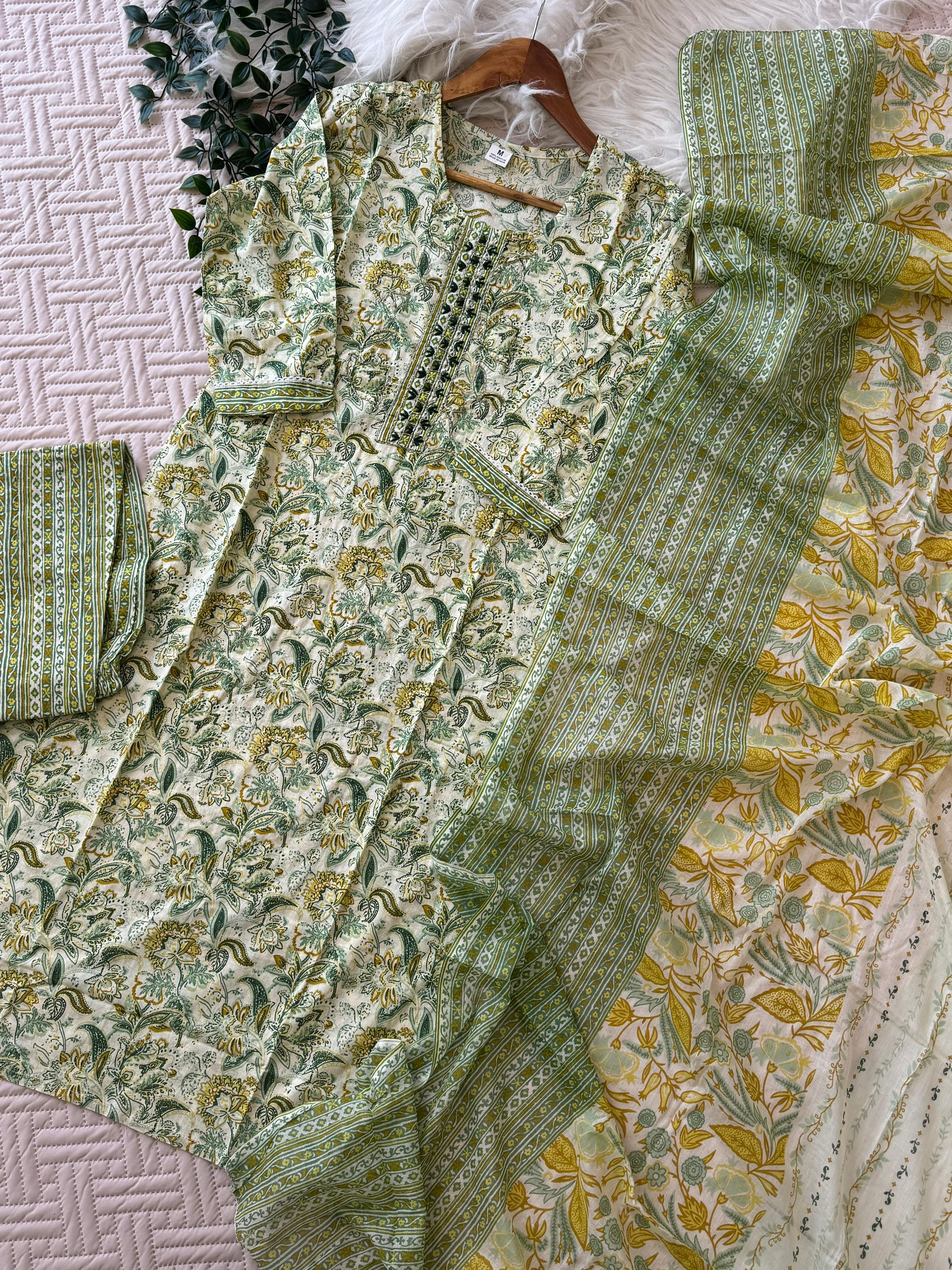 Pure Cotton 3 Piece Suit- Green floral