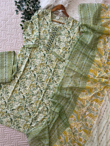 Pure Cotton 3 Piece Suit- Green floral
