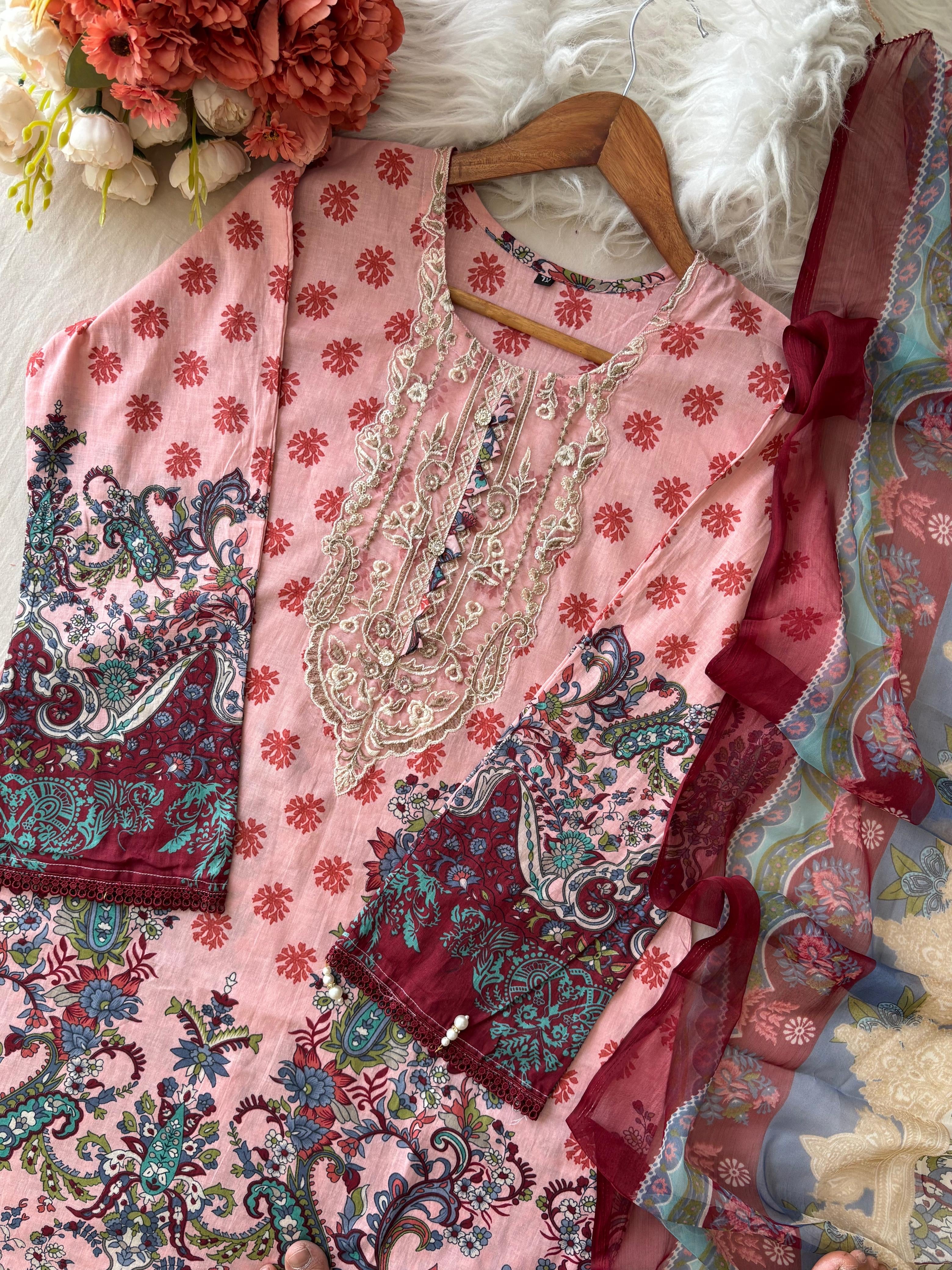 Pastel Pink Cotton casual suit with pure chiffon dupatta 1366