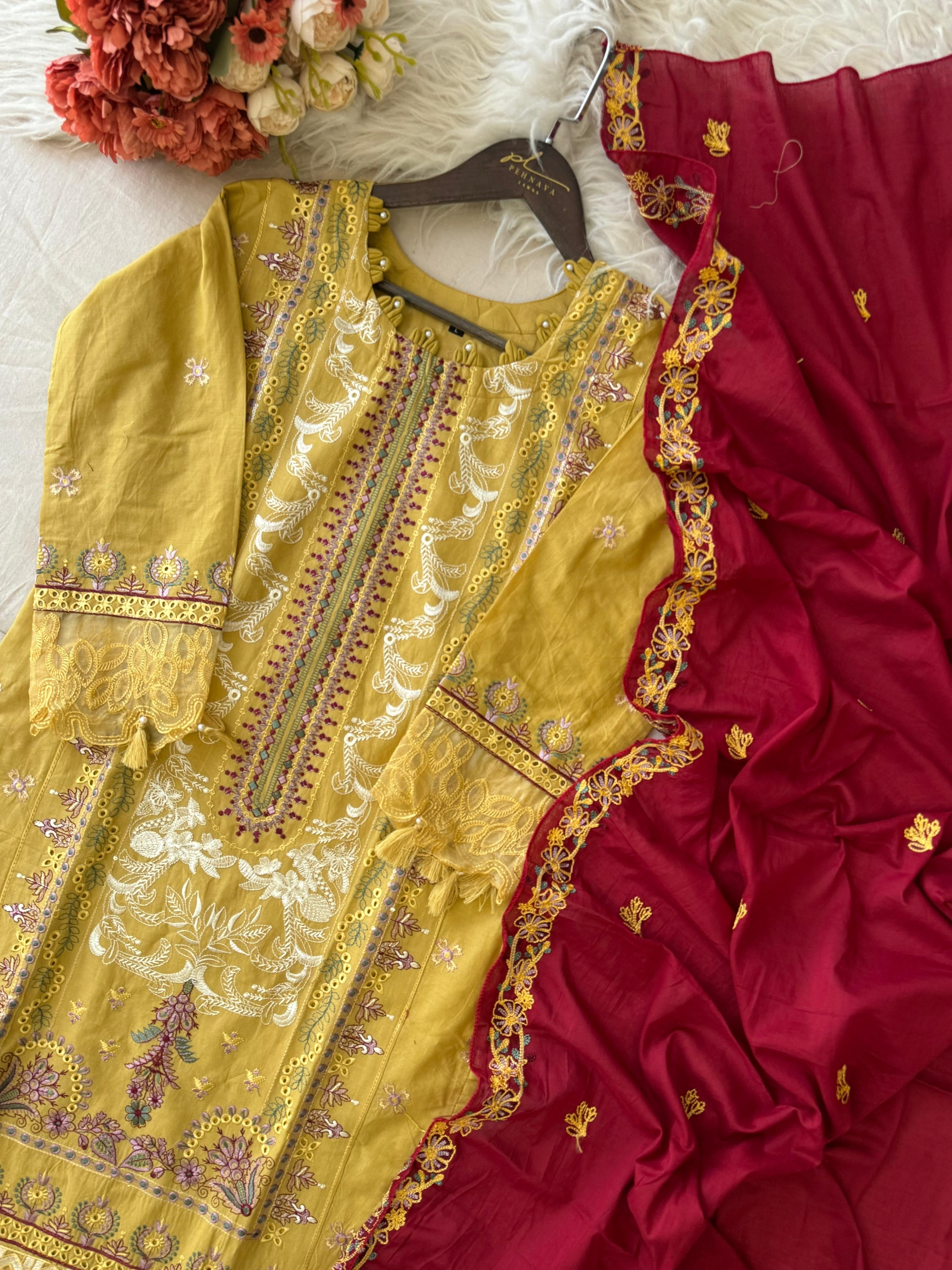 Premium Embroidered Pak-Suit Ft. Cotton Dupatta-Yellow 3983 - Pehnava Lawns