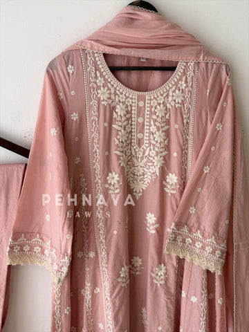 Cotton Chikankari Embroidered Ensemble-LRC 346