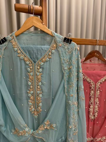 Premium organza  handwork suit with bottom and organza  hand  worked dupatta-1098
