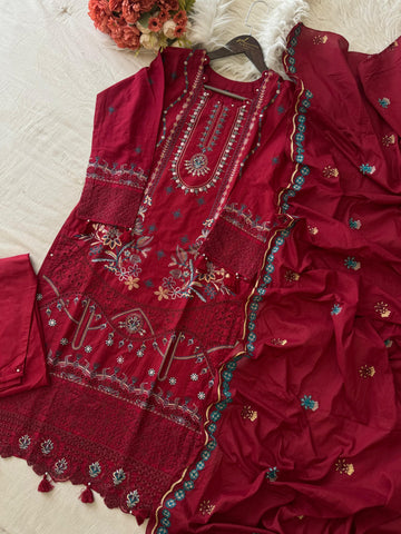 Premium Embroidered Pak-Suit Ft. Cotton Dupatta-Red 3985