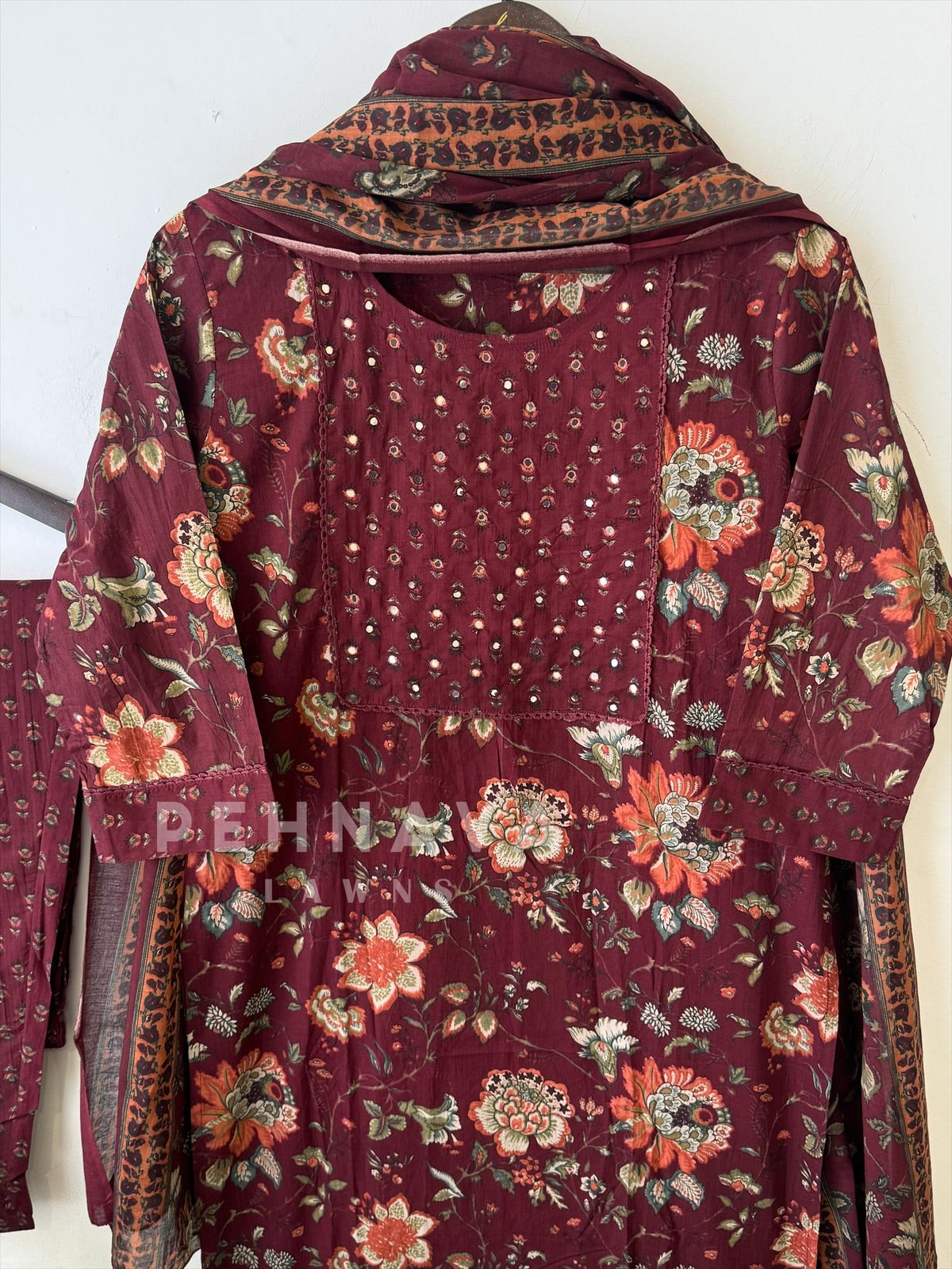 Maroon Floral cotton Suit Set-17209