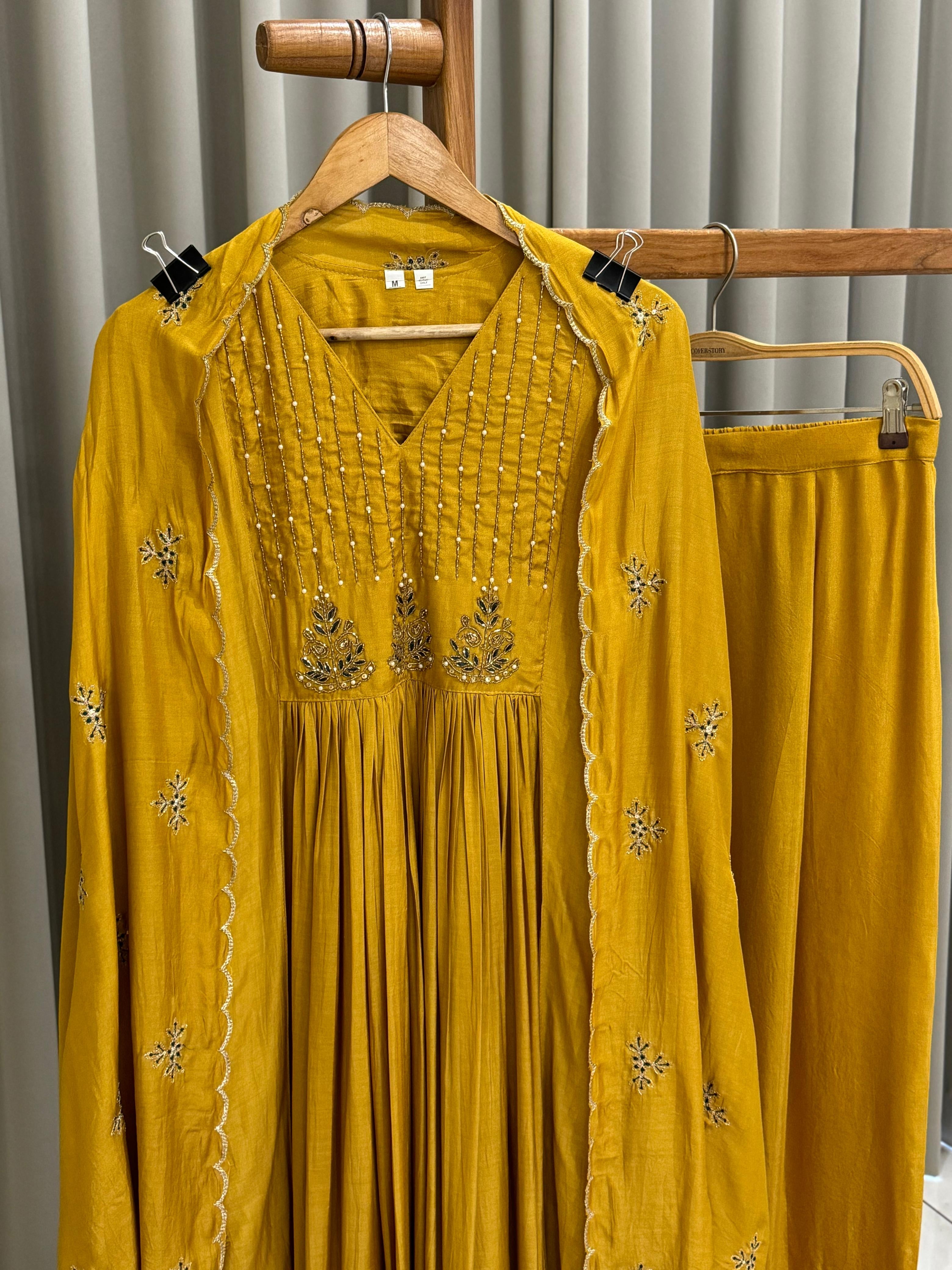 Handworked Anarkali pleated suit with scalloped dupatta