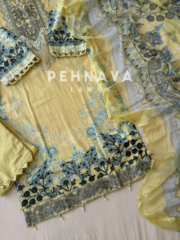 Yellow Pastel Bloom Cotton Suit with Printed Dupatta