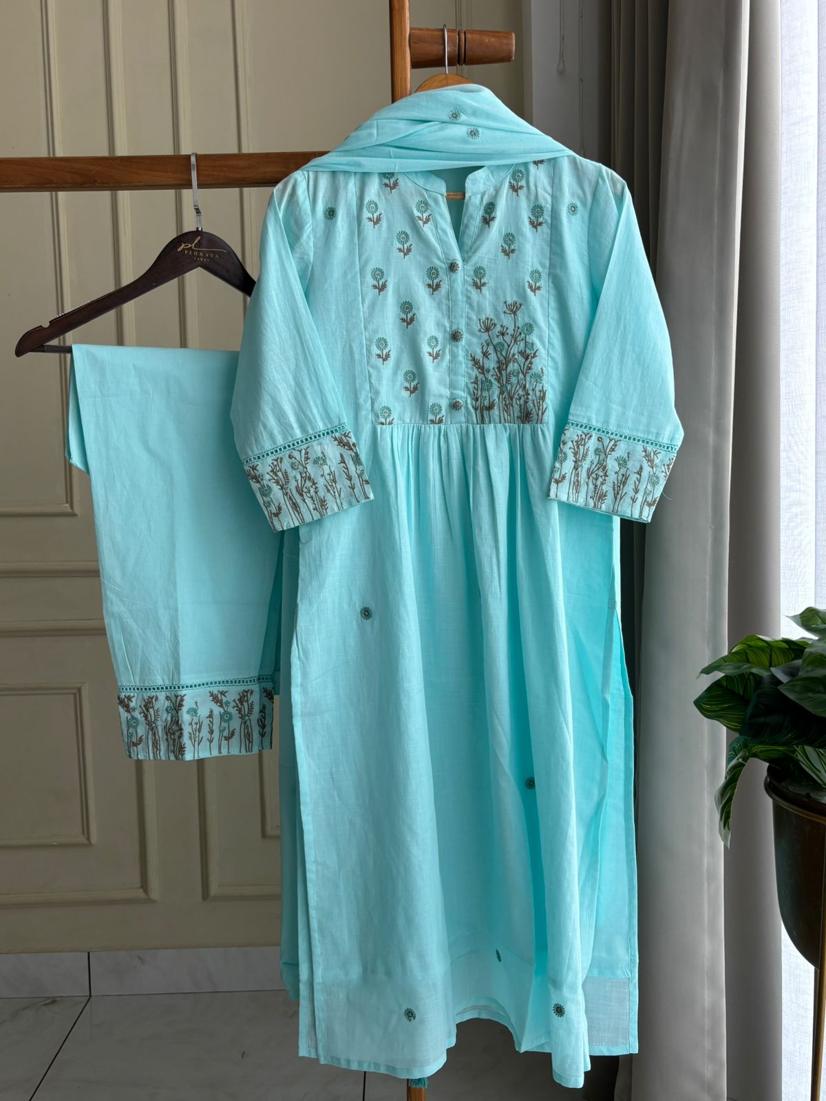 Pure Cotton Self-Embroidered pleated suit