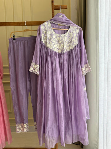 Mul Chandheri Anarakali suit with embroidery detailings