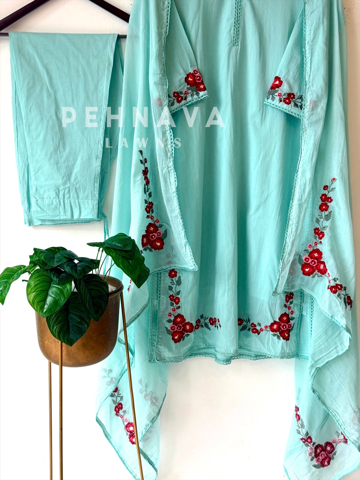 Cotton Embroidered Three Piece Suit-17364