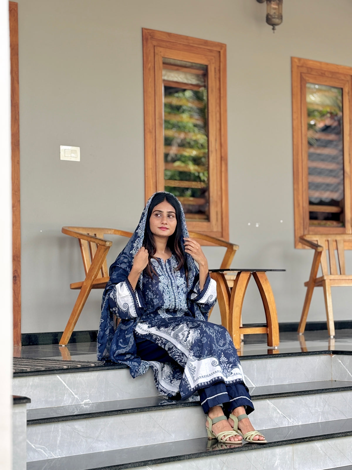 Navy Blue Printed Unstitched Suit 3975
