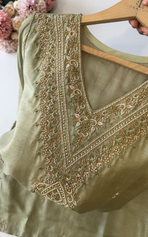 Premium Embroidered Pista Green Kurti Set