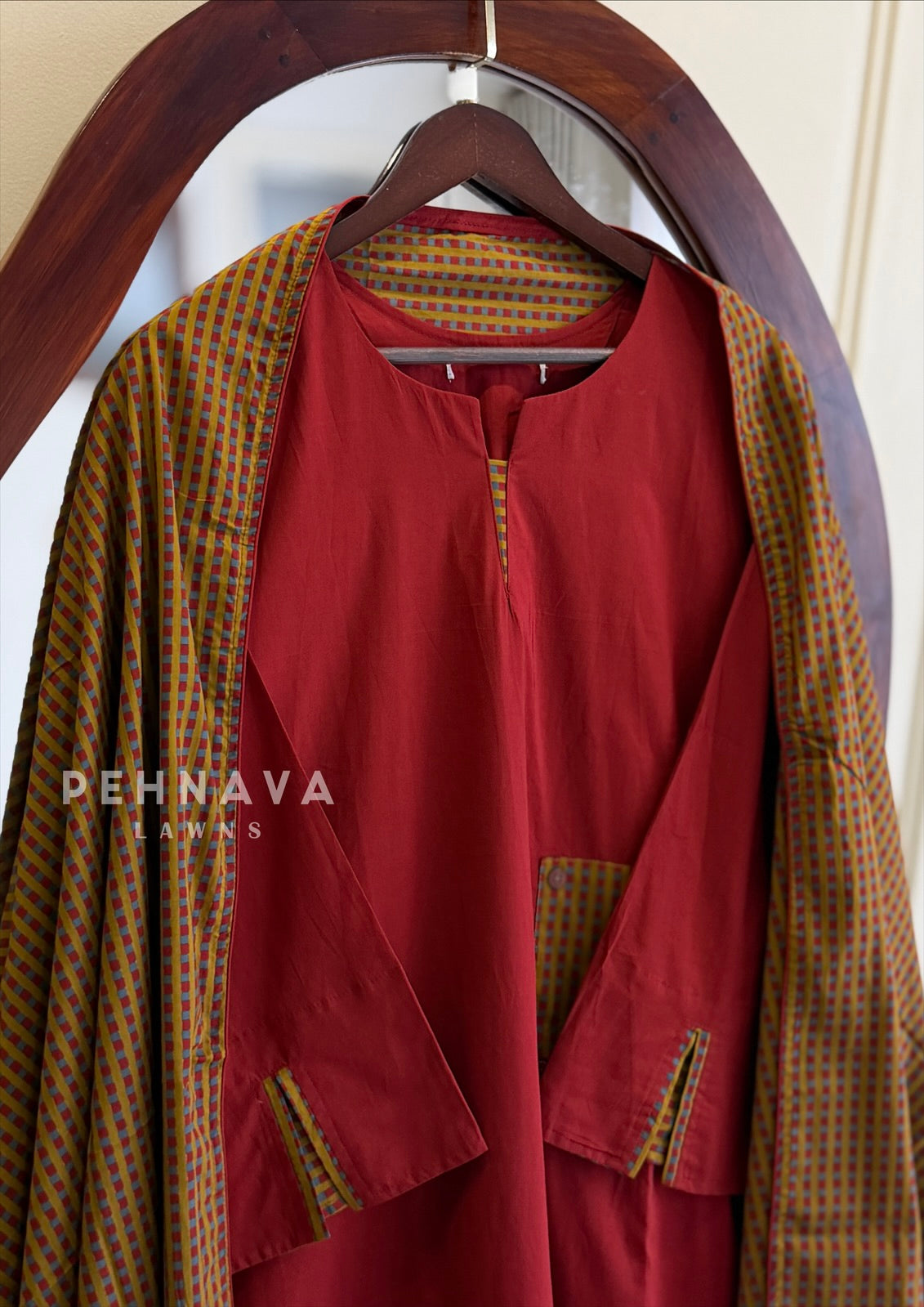 Bell Sleeve Checkered Cotton Suit Set