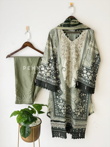 Green Neckline Embroidered Unstitched Pak-Suit AZ-1361-B