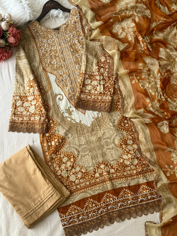Yellow Neckline Embroidered Pak-Suit