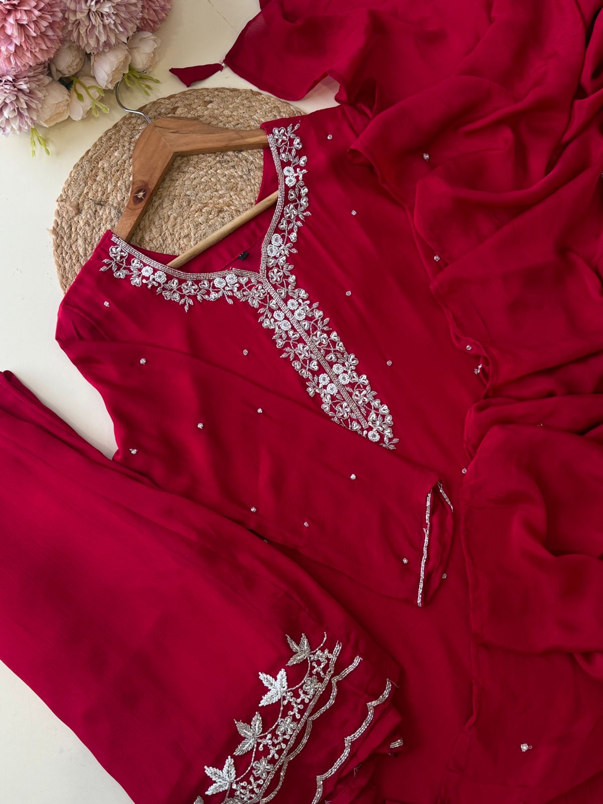 Red handworked suit with palazzo handworked bottom
