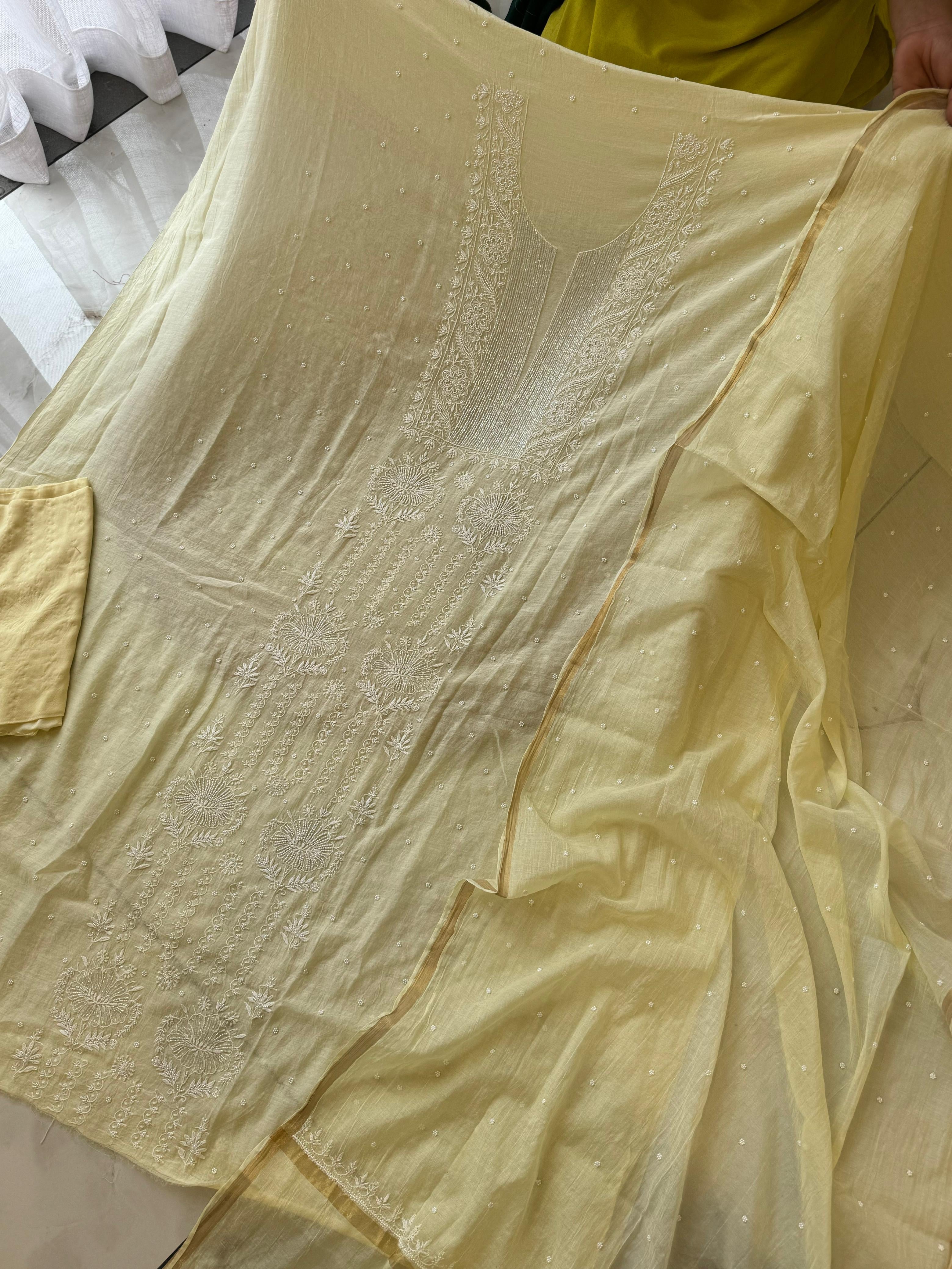Authentic chikankaari embroidered Unstitched suit- Yellow