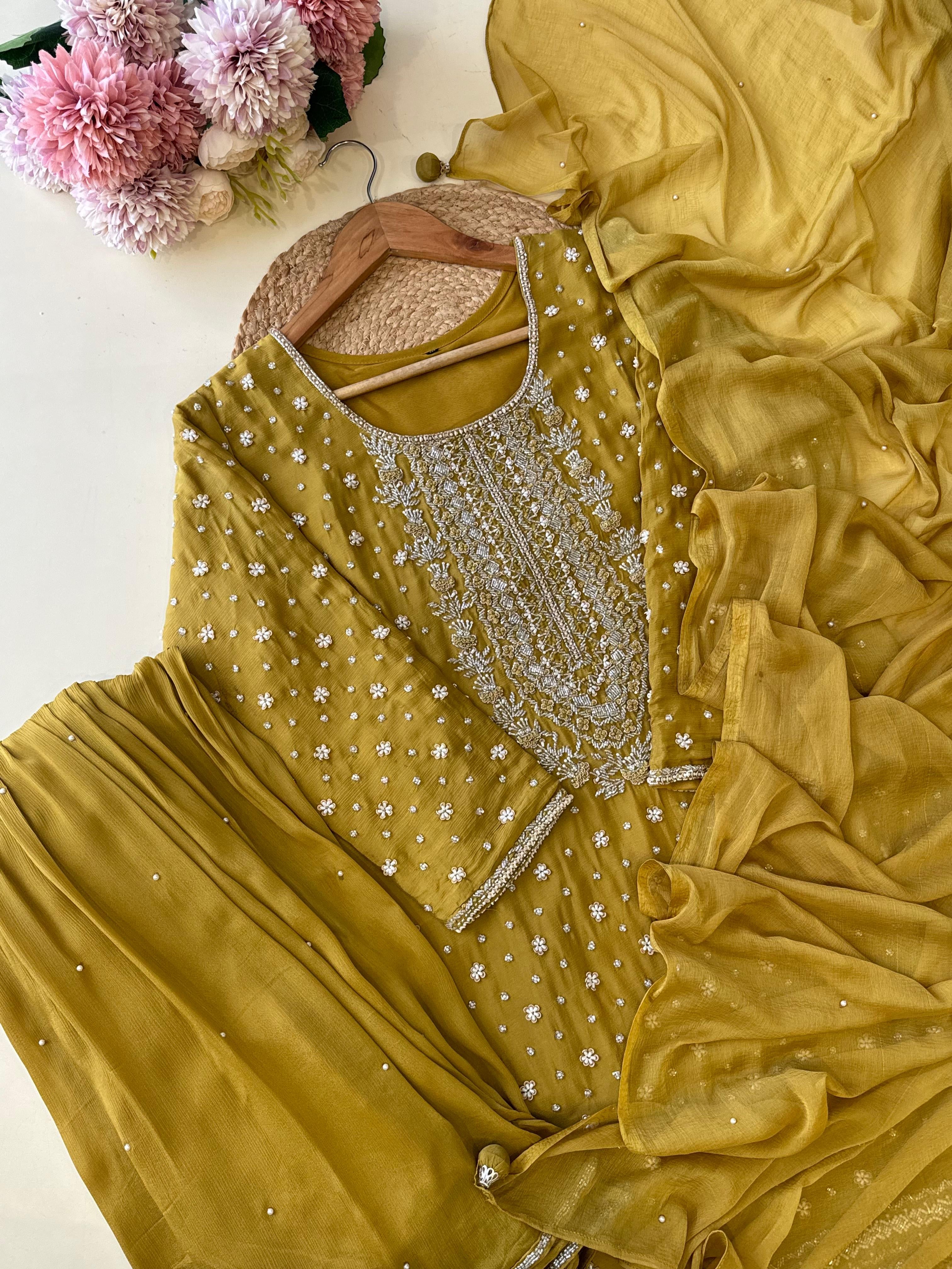 Yellow Pure Chinnon  handworked  Sharara