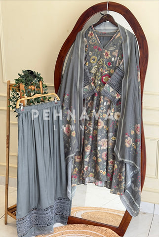 Floral Print Cotton Suit with Lace