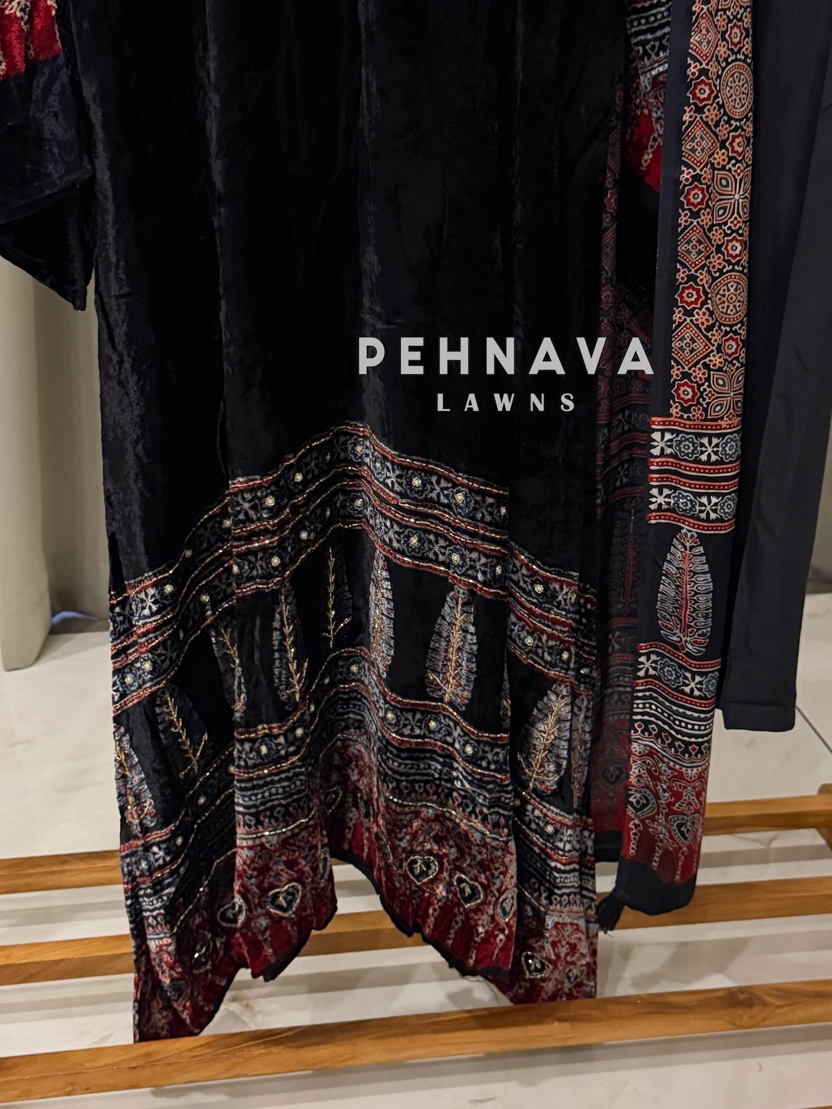 Velvet Ajrak Printed Three Piece Ensemble-1314