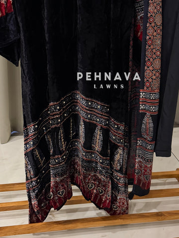 Velvet Ajrak Printed Three Piece Ensemble-1314