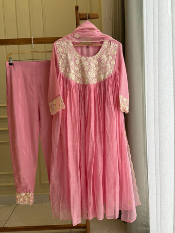 Mul Chandheri Anarakali suit with embroidery detailings