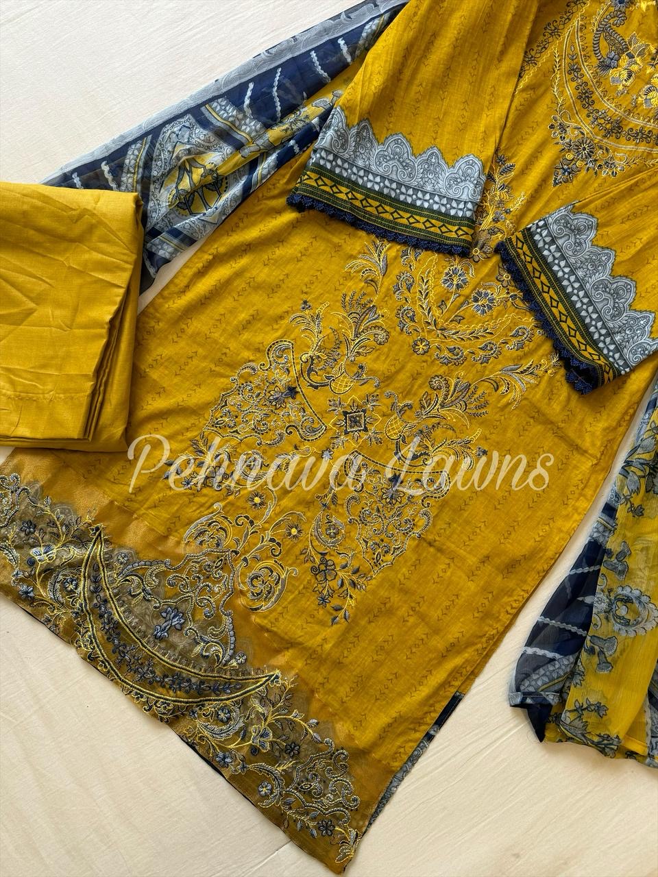 Yellow Cotton Embroidered Suit-584