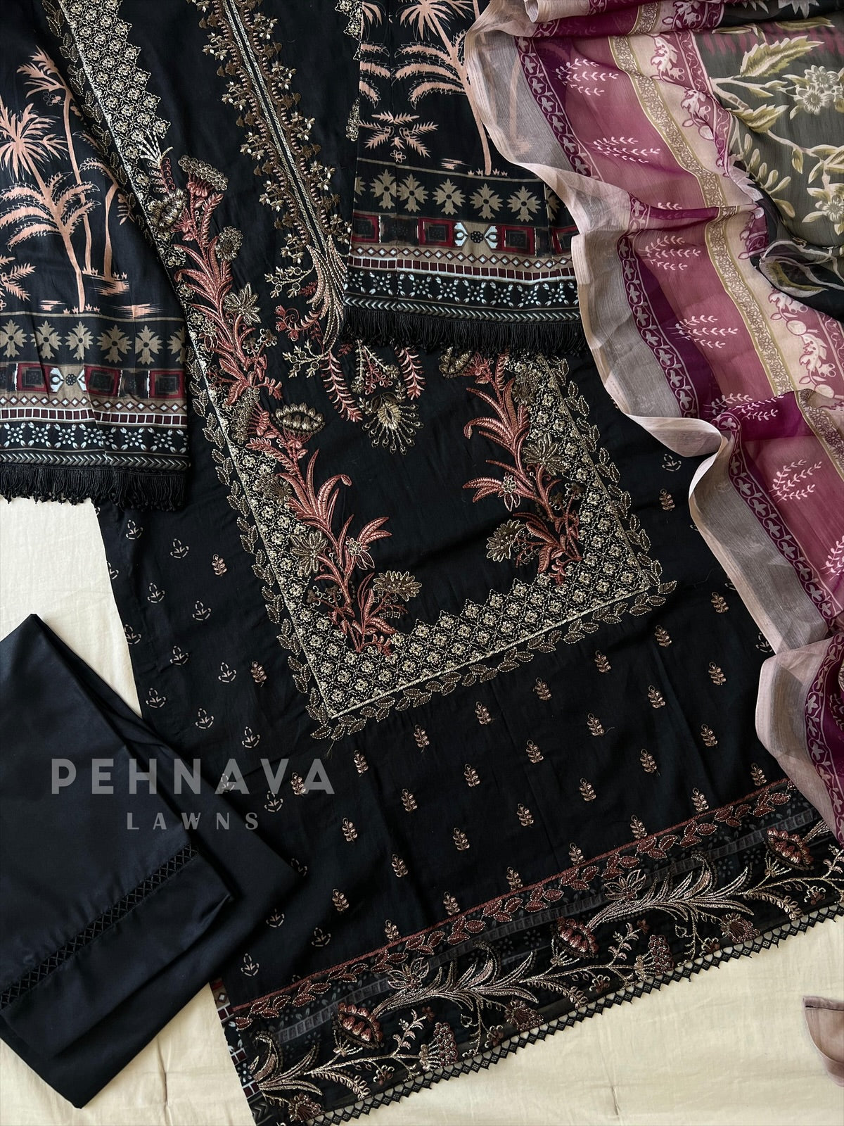 Embroidered cotton suit with chiffon dupatta - Black (Pre-booking 15-20 Days Dispatching Time ) - Pehnava Lawns