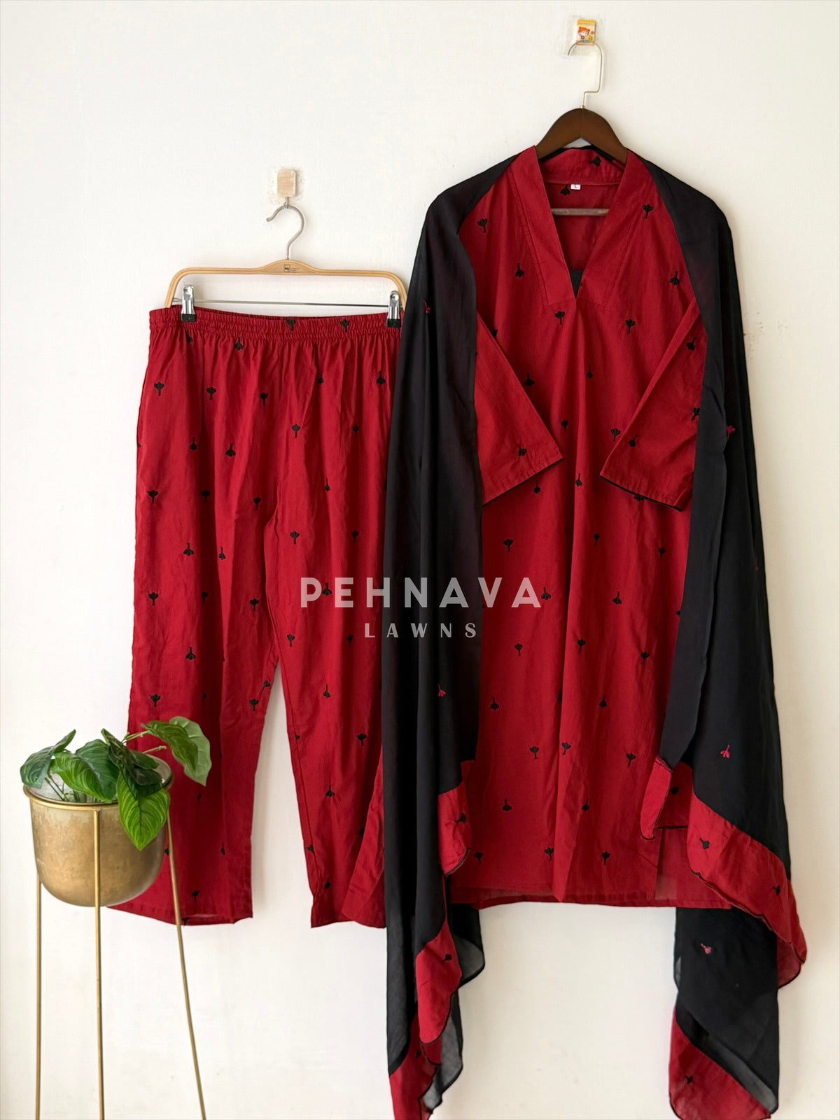 Women's V-Neck Embroidered Cotton Suit Set with Dupatta | Style | Pehnava