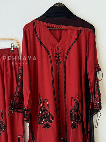 New Crimson Red Trendy Farshi Salwar - Pehnava Lawns