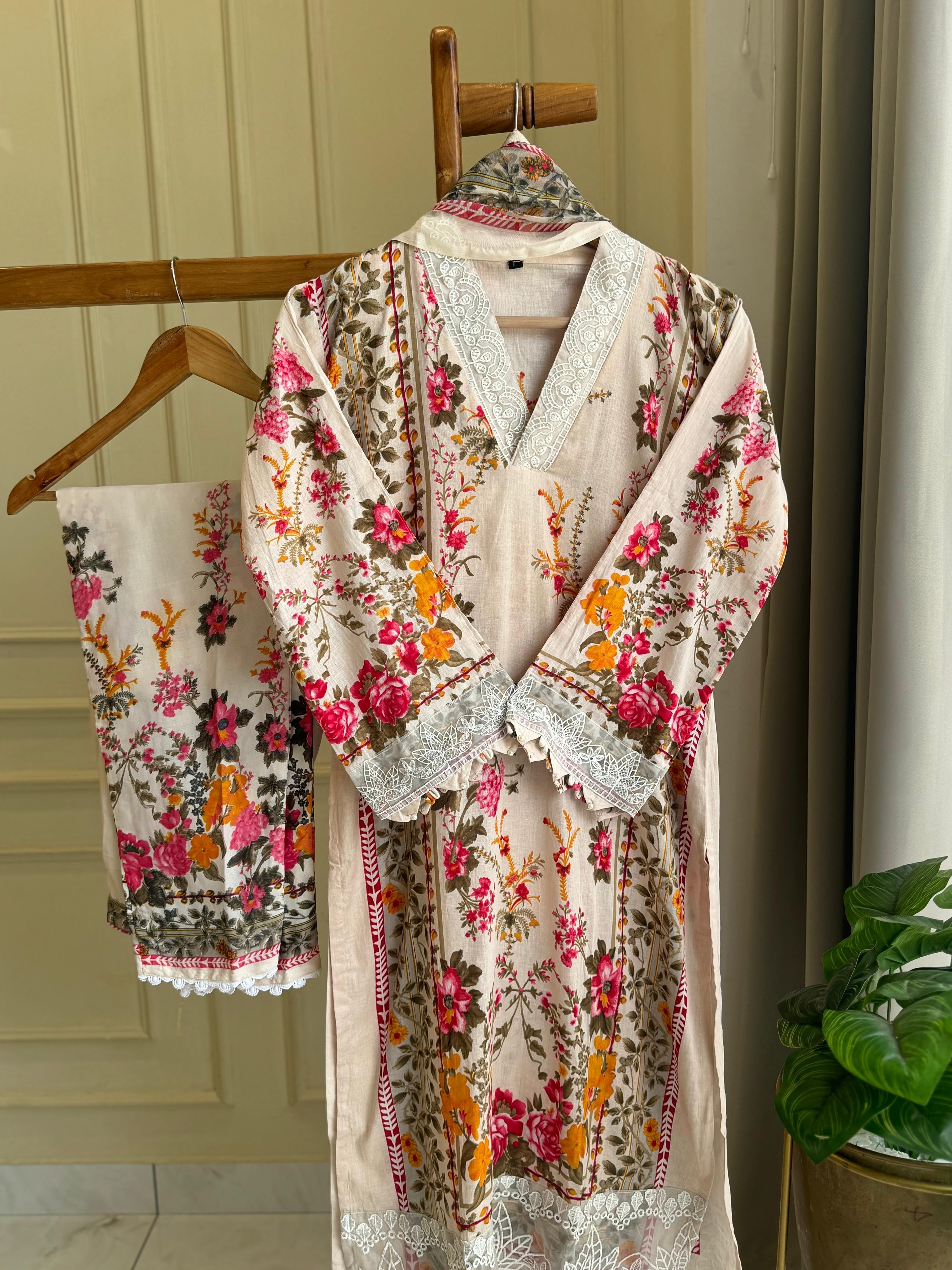 Cream Vibrant Floral Suit-2008