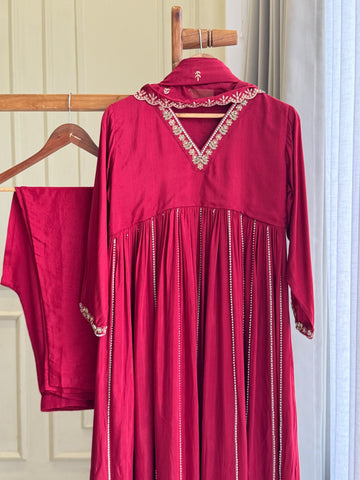 Rayon Anarkali Pleated suit with Pearl detailings