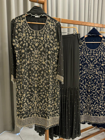 Heavy hand-worked suit with wide sharara