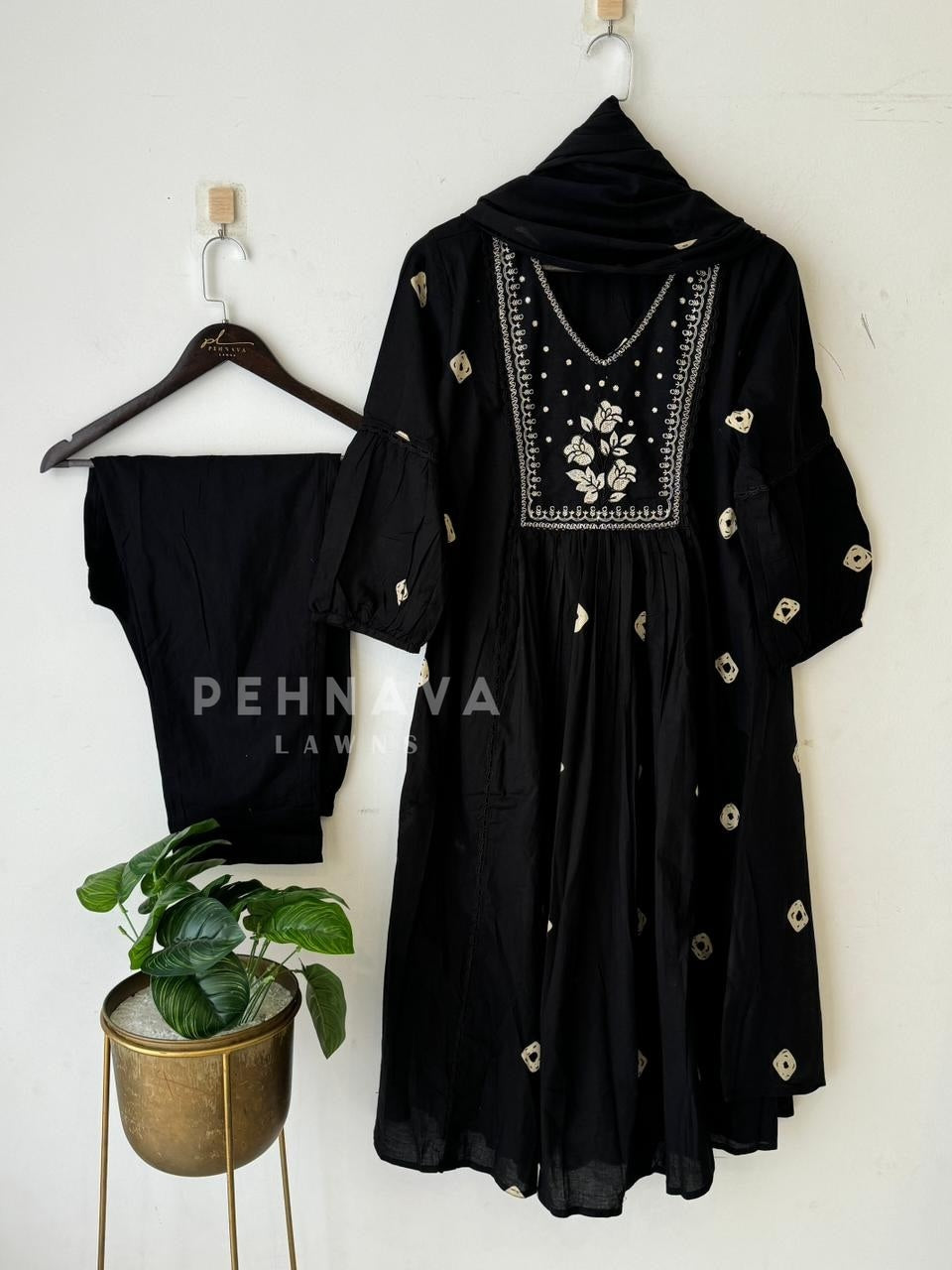 Black Cotton Suit Set-17586