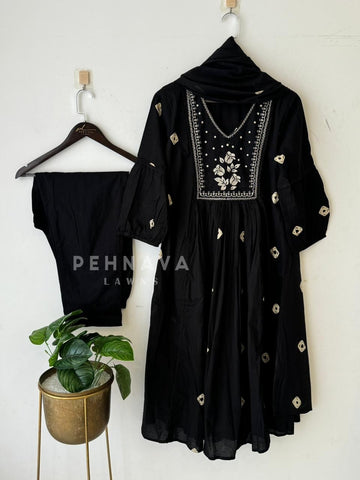 Black Cotton Suit Set-17586