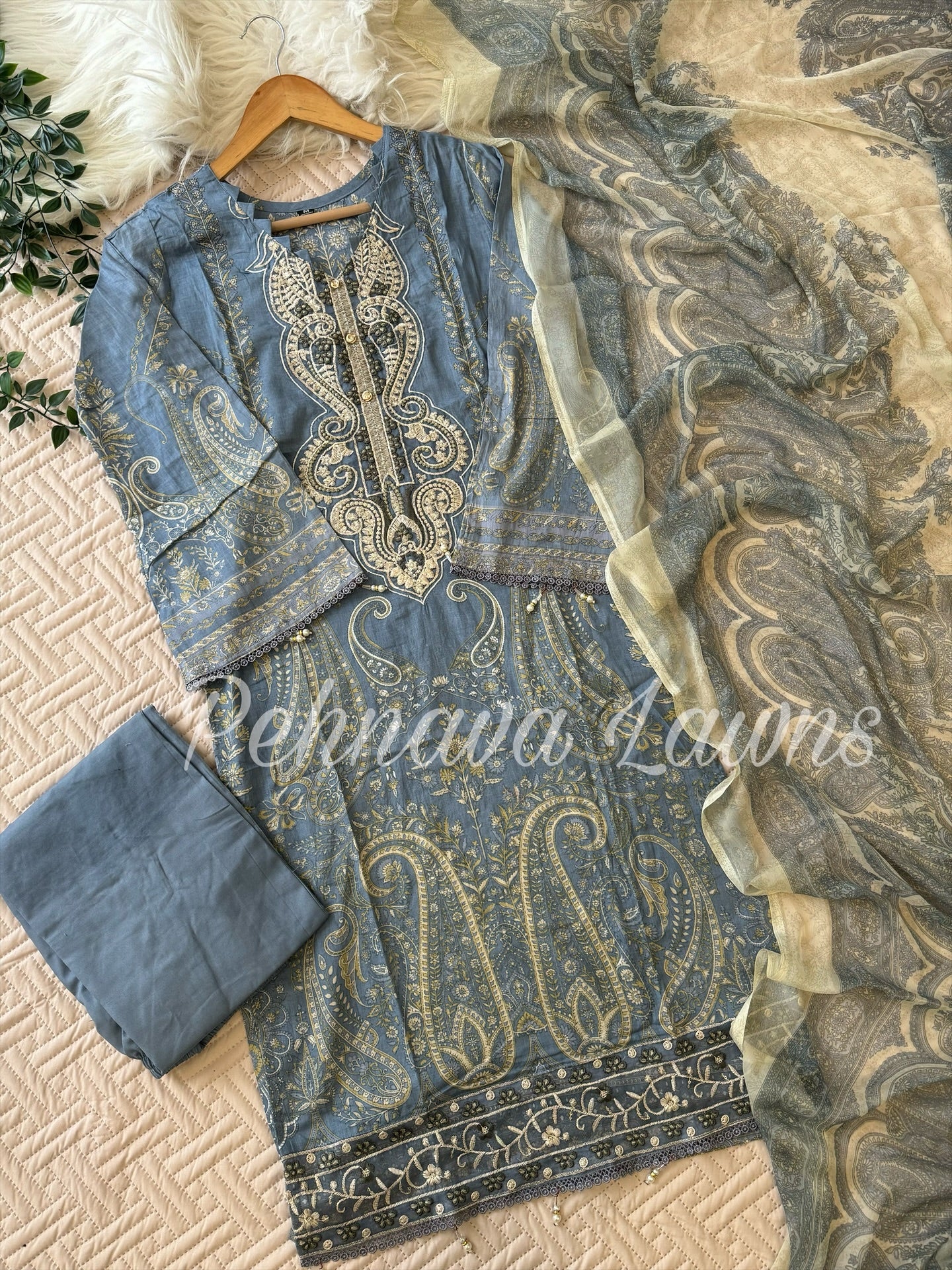 Beautiful blue Printed casual suit with chiffon/cotton dupatta -3311