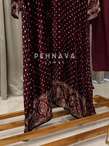 Velvet Printed Three Piece Ensemble-3298