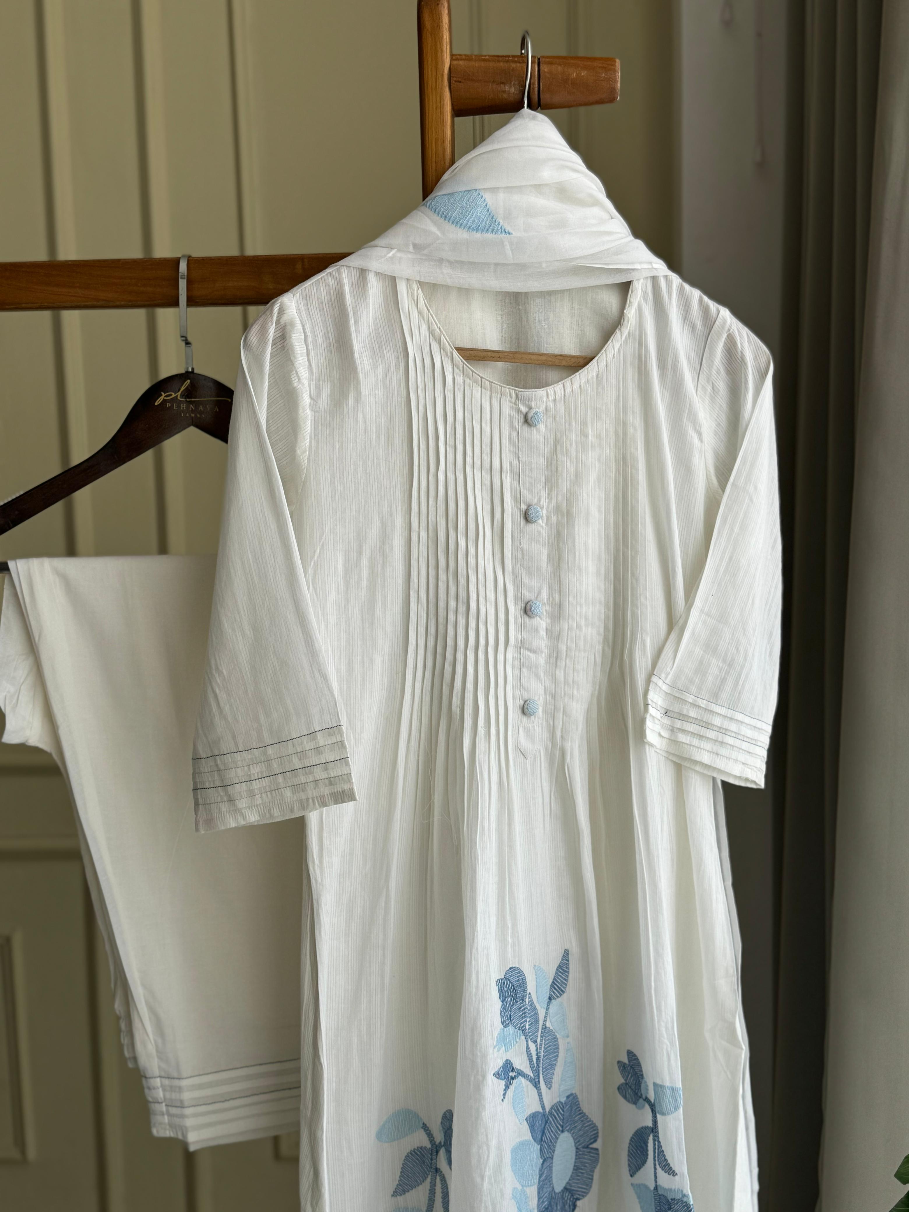 Pure cotton floral embroidered Anarkali suit-White