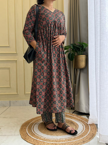 Ajrak Printed 2piece Coord set-Green&Blue