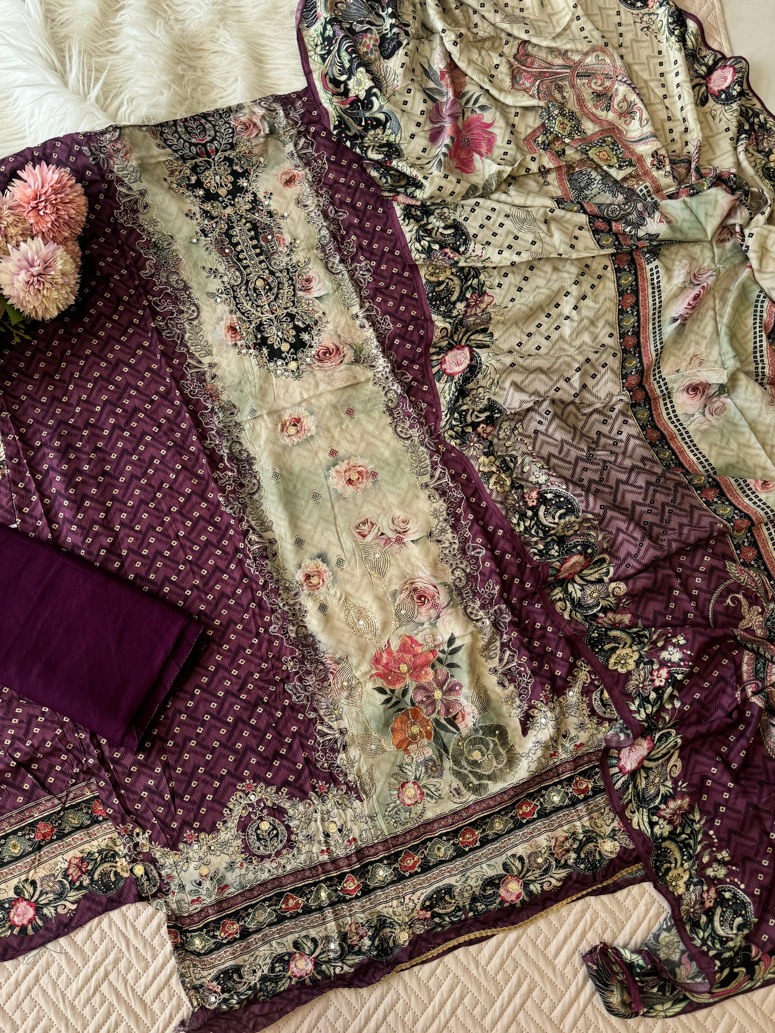 Premium Muslin Suit with Bloomy Prints-240