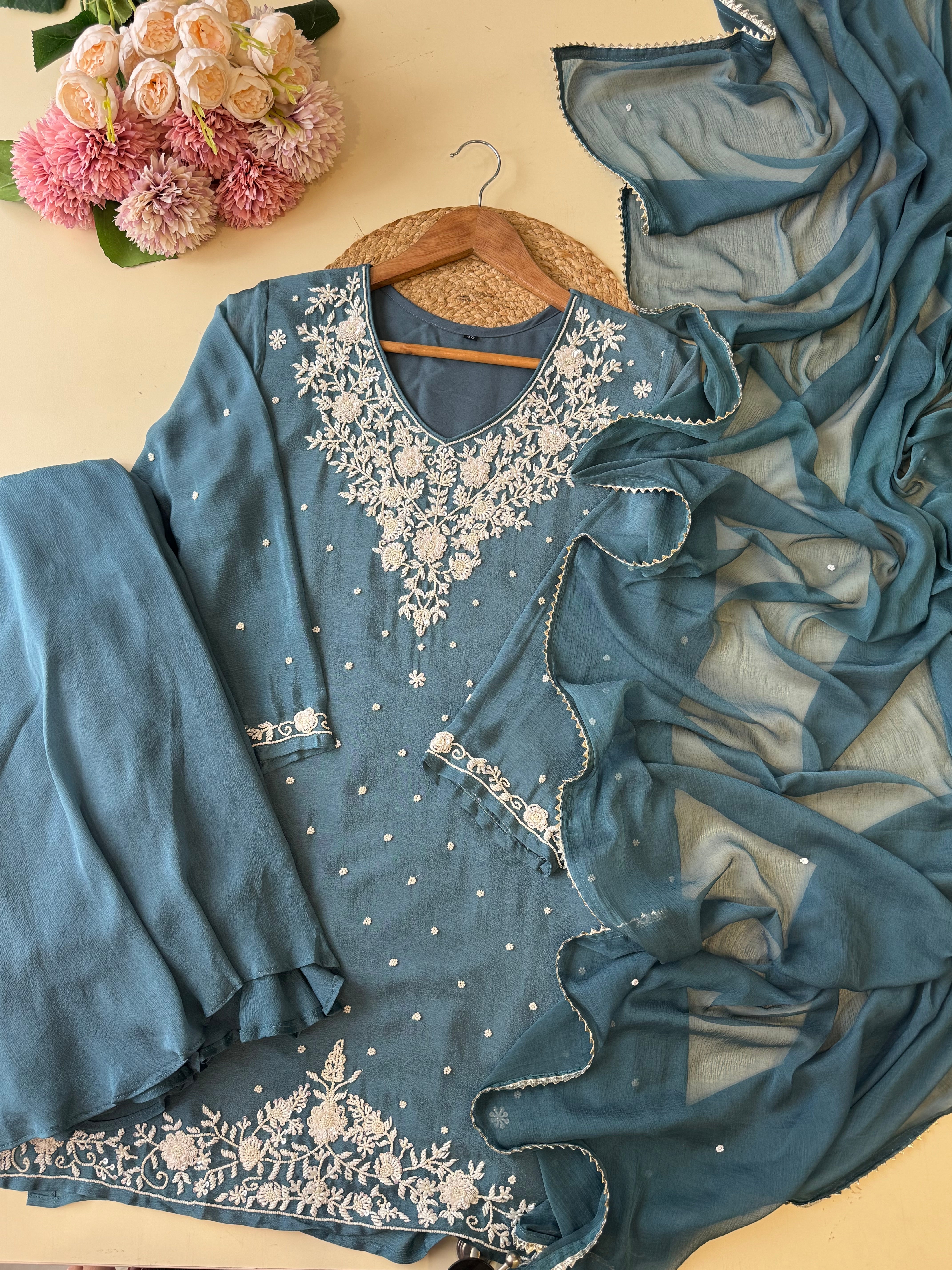 Chinnon handworked suit with  wide palazzo