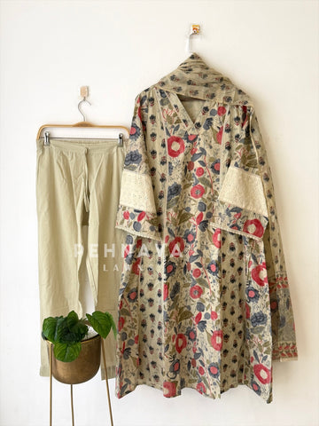 Floral Printed A-Line Three-Piece Set-13104